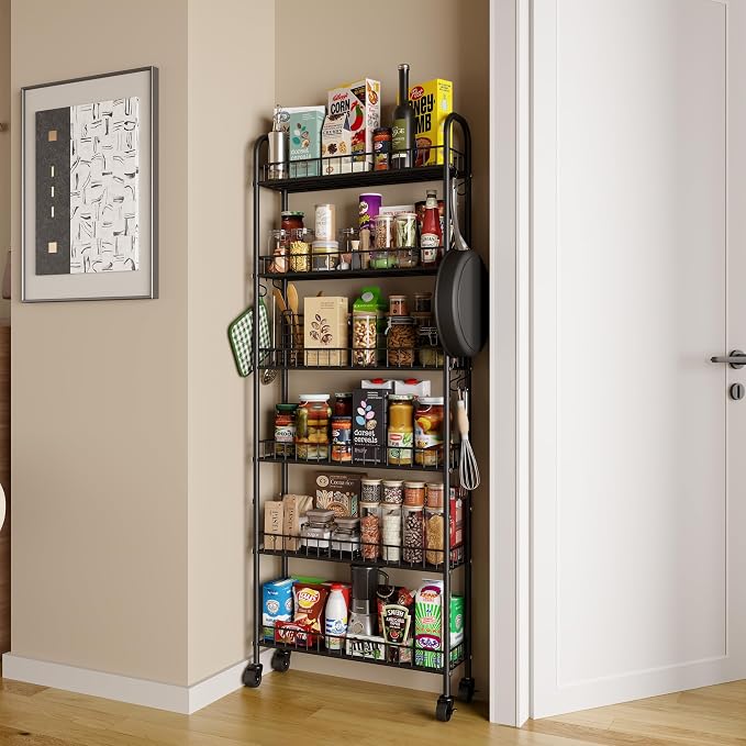 Slim Rolling Storage Cart with Wheels, Metal 6 Tier Spice Rack Mobile Shelving Unit Organizer Kitchen Utility Cart for Office Bathroom Kitchen Laundry Room Narrow Places (6inches) - Image 7