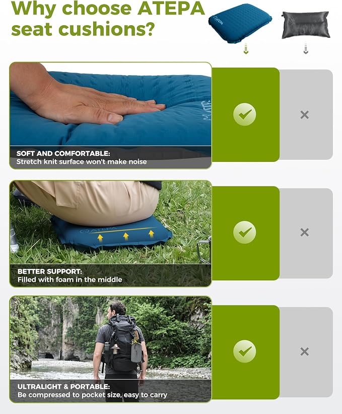 ATEPA Inflatable Seat Cushion | 2" & 2.5" Foam Core Seat Pad, Self Inflating, Compact, Stadium, Airplane, Travel, Camping, Hiking, Sports events - Image 5