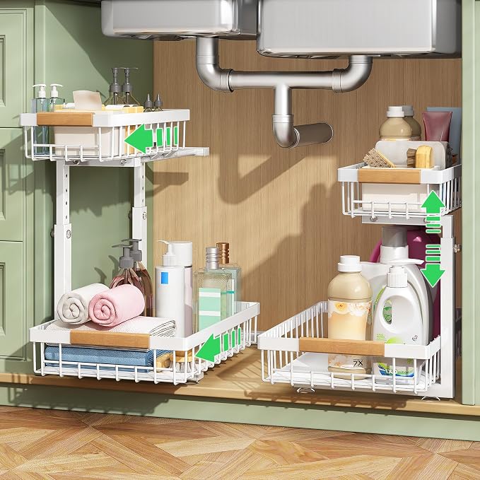 Kitstorack Under Sink Organizer, 2 Tier Under the Sink Storage, Slide out Pull out Cabinet Organizer Shelf, Metal Sliding Drawer for Kitchen Bathroom Pantry Closet Organization Rack, White, 2 Pack by Kitstorack