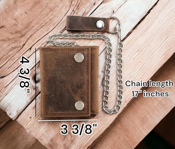 F&L CLASSIC RFID Blocking Men's Tri-fold Vintage Biker Cowhide Leather Steel Chain Wallet,Snap closure, USA,Vintage buffalo brown,315 - Image 2