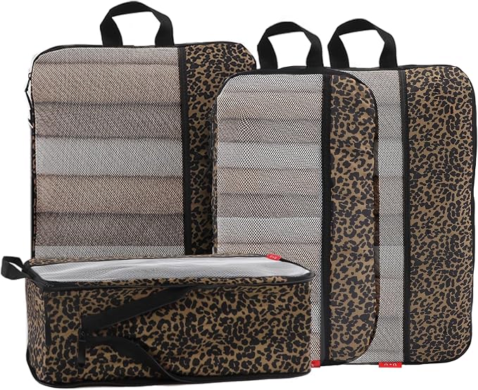U+U 4 Set Compression Packing Cubes - Ultralight Travel Cubes (Leopard) | Space-Saving & Lightweight Travel by UU