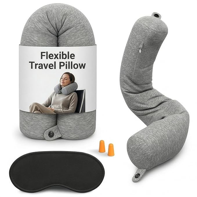 Memory Foam Neck Pillow Travel for Airplane, Twist & Bendable | Includes Eye Mask, Earplugs & Washable Cotton Cover, Adjustable Long-Flight Airplane Pillow for Neck, Chin & Lumbar Support by Point2Points