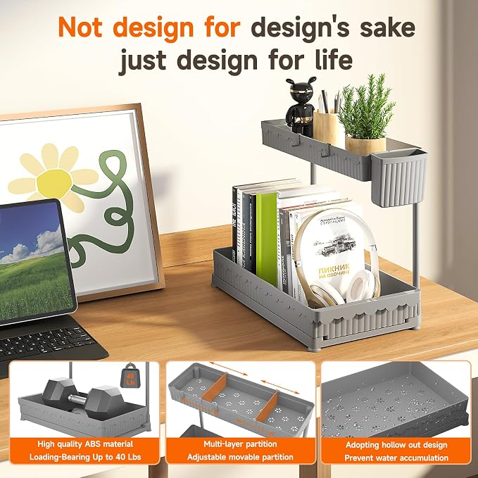 3-Pack 2-Tier L-Shaped Under Sink Organizers with Sliding Drawers | Multi-use kitchen & bathroom storage, 14.85 inch grey cabinet organizer, space-saving sliding drawer design. - Image 5
