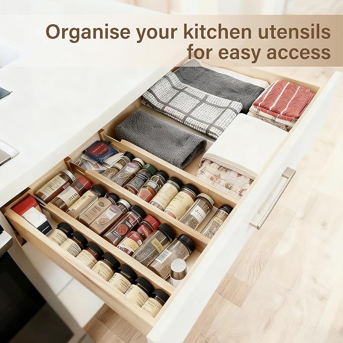 Adjustable Bamboo Drawer Dividers of 4, Expandable Organizers (16.9"-22.2") | Spring-Loaded Kitchen Drawer Organizer, Non-Slip Ends, 2.2" High, Easy Setup & Clean, for Kitchen, Dresser, Clothes, Bath - Image 4