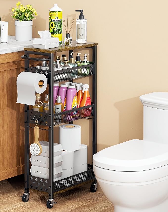 OKZEST Slim Bathroom Organizers and Storage Cart with Toilet Paper Holder | Upgraded metal hub casters, 4-Tier space-saving narrow rolling cart, Premium wood & metal mesh shelves, Holds tall bottles by OKZEST
