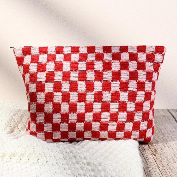 SOIDRAM 2 Pcs Checkered Makeup Bag Large Cosmetic Bag Toiletry Bag Makeup Pouch Travel Bag Organizer Cute Makeup Brushes Aesthetic Accessories Storage Bag for Women Red - Image 5