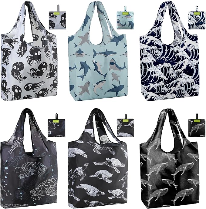 BeeGreen Reusable Grocery Bags for Groceries | Foldable Tote Bags with Handles Reusable Gift 6 Set - Heavy Duty Washable Polyester Travel and Shopping Basket - Bulk Bag for Women Animal Lovers by BeeGreen
