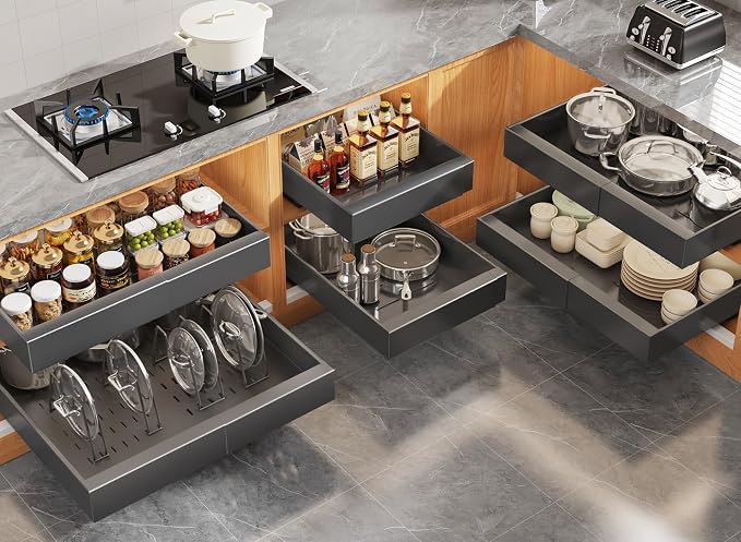 Seinloes 6Pack Expandable Pull Out Cabinet Organizer 21"Deep with Raising Pad for Framed Cabinets,Slide Out Drawers with 4pcs Divider Racks,Roll Out Shelves Adhesive,Adjustable Width 12.05"-20.4"Black by Seinloes