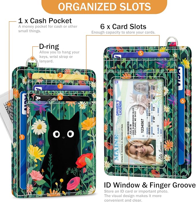 Yonlevres Cat Credit Card Holder Slim RFID Wallet Women Small Travel Cute | Front Pocket, Handy, RFID Blocking, Woman Girls Ladies Gifts, D-ring for Keychain,Thin Mini Card Case, ID Window, PU Leather - Image 4