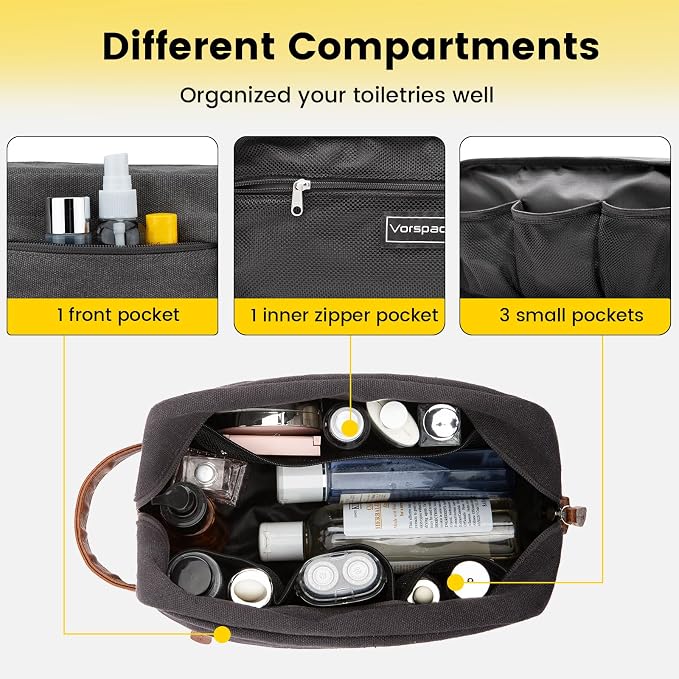 Vorspack Canvas Travel Toiletry Bag for Men, Medium, Dark Grey | Water-Resistant Travel Bag for Toiletries, Large Capacity, Organized Compartment, Suitable for Shaving, Grooming, Accessories - Image 4