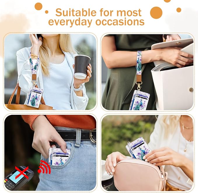 Yonlevres Peacock Credit Card Holder Slim RFID Wallet Women Wristlet Small | Front Pocket, Handy, RFID Blocking, Woman Girls Ladies Gifts, D-ring for Keychain,Thin Mini Card Case, ID Window, PU Leather - Image 3