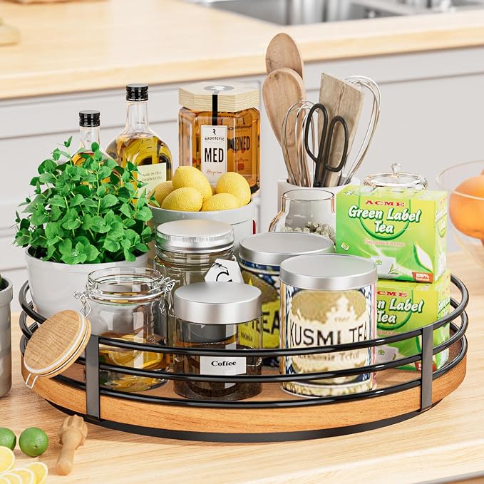 12" Lazy Susan Turntable Organizer - Oak Wood Lazy Susan for Cabinet Kitchen Countertop Dining Table Pantry Cupboard Bathroom Coffee Bar Storage Spice Rack Home Decor - Image 3