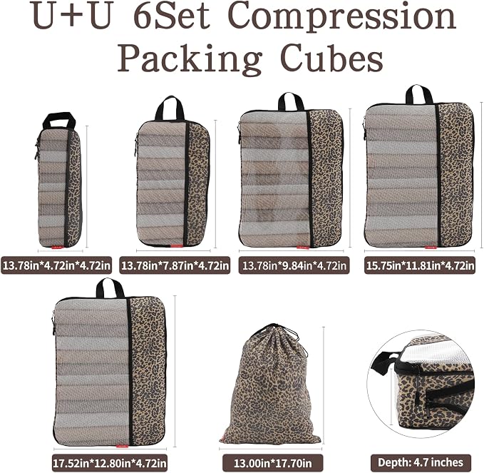 U+U 6 Set Compression Packing Cubes - Ultralight Travel Organizers | Space-Saving & Drawstring Bag Included - Image 5