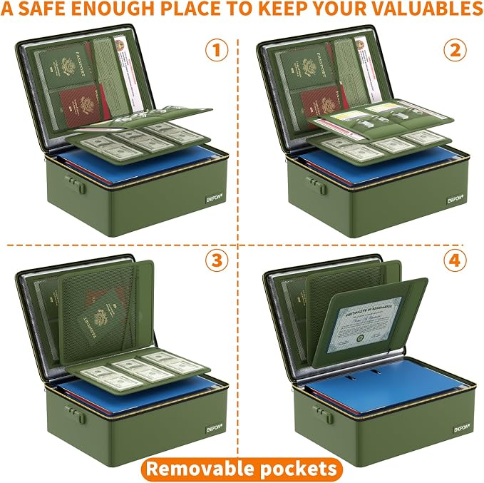 ENGPOW Fireproof Document Box with Lock & Heat-Resistant Fireproof Zipper | 6400°F 12-Layer Fire Protection, Hard File Organizer with Pockets, Portable Home Chest Safe Storage for Money,Jewelry, Green - Image 5