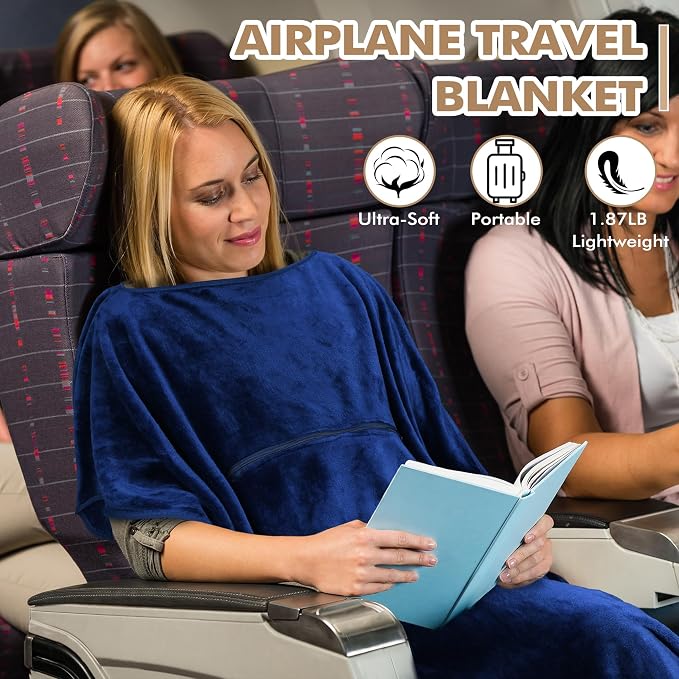 Tirrinia Travel Blanket Airplane Office Poncho 4 in 1 Premium Cozy Fleece Portable Poncho Blankets with Built-in Bag, Pocket - Image 9