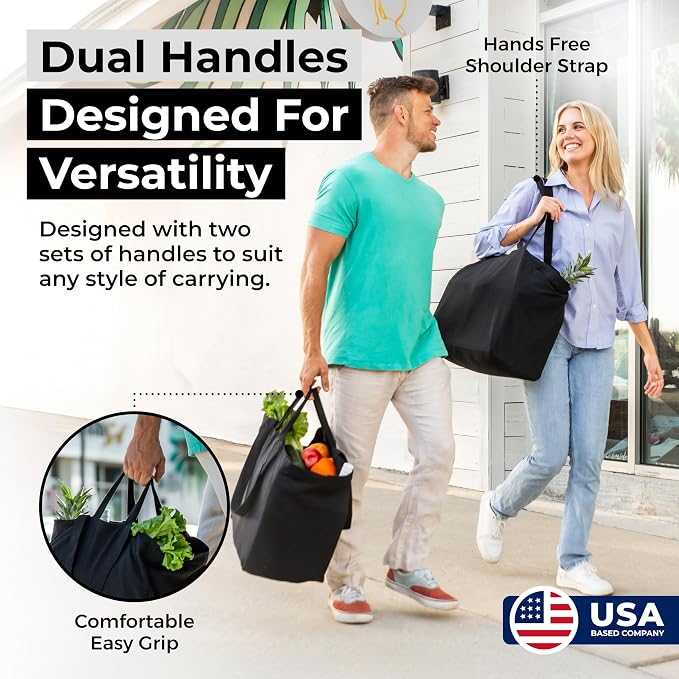VeraMia Canvas Grocery Bag 3pc XL Set with Real Pockets, Long Shoulder Strap and Short Handle. Heavy Duty, Foldable, Washable - Image 3
