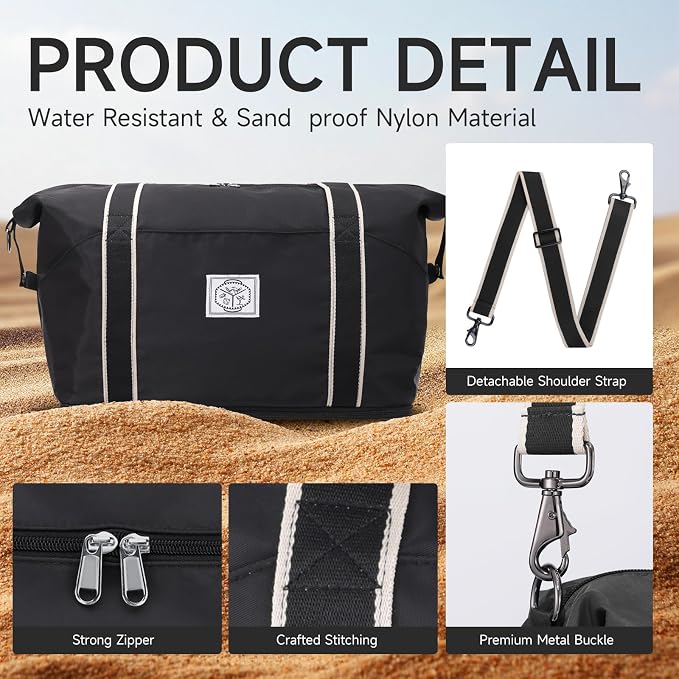 WALNEW Travel Duffel Bag, Weekender Overnight Carry On Bag for Women Men, Foldable Waterproof Gym Luggage with Metal Buckle Detachable Shoulder Strap and Wet Compartment (Black) | Overnight Carry On Bag, Foldable Waterproof Gym Luggage with Metal Buckl... - Image 6