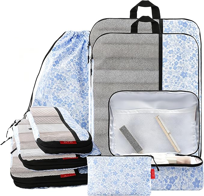U+U 8 Set Compression Packing Cubes, Travel Organizers (Blue Flower) | Space-Saving & Lightweight Travel by UU