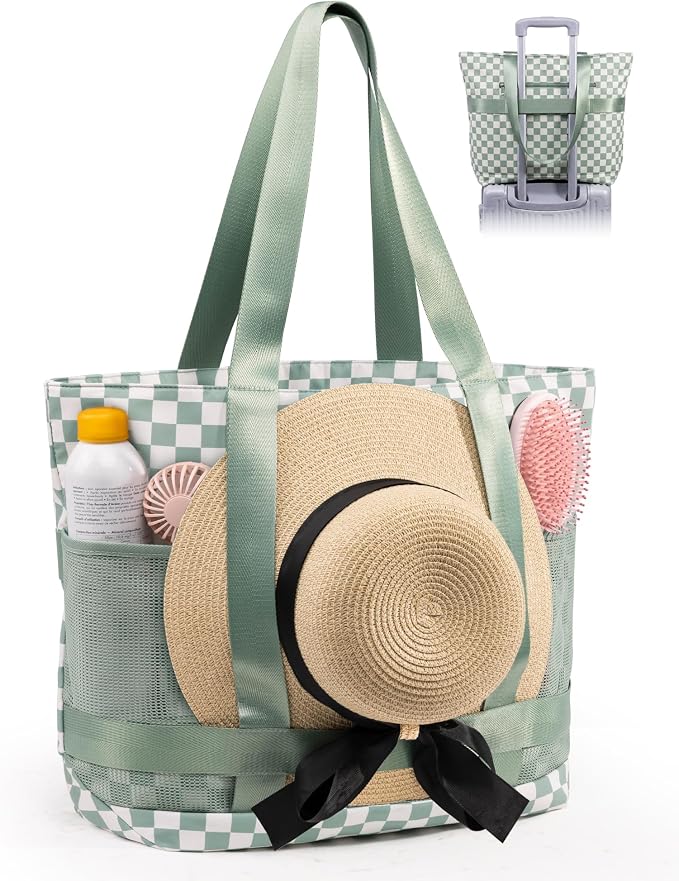 Large Beach Tote Pool Swim Bag for Women Sandproof with Wet Compartment | Waterproof 8 Multi-Pockets | Zipper Closure | Ideal for Travel, Cruise, Vacation, Picnic | Light & Quick-Dry Mesh by Elmklare