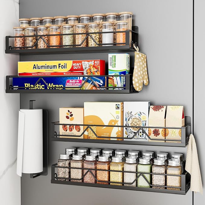 Mystozer 16.9 Inch Wide Large Capacity Magnetic Spice Rack for Refrigerator,5 Pack Metal Fridge Shelf Magnetic Spice Rack Kitchen Storage Refrigerator Organizers and Storage Spice Shelf (Black) by Mystozer