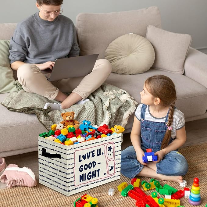 Comforting Goodnight Star Storage Bins Box with Handles Organizer Basket | bedtime heartfelt foldable basket for organizing, striped collapsible toys clothes for nursery bedroom apartment, 10x14 in - Image 4