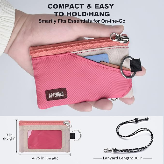 RFID Blocking Travel Wallet with Adjustable Lanyard, Small Nylon Zipper Pouch and Badge Holder for ID, Credit Cards, Cash, Keys, Commuters (Pink+Almond) - Image 4