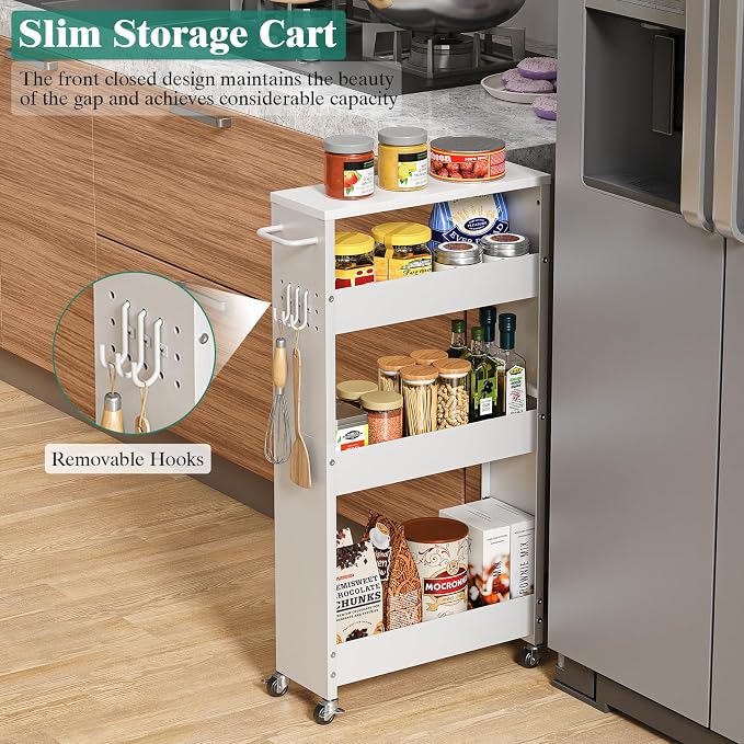 CHLORYARD Slim Storage Cart, 4-Tier Kitchen Rolling Cart Narrow Storage Cabinet with Handle & Wheels, Metal Rolling Shelf Unit for Kitchen Bathroom Laundry Small Places (5.9IN White/White) - Image 2