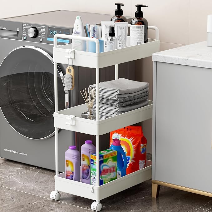 Ronlap 3 Tier Slim Rolling Storage Cart with Wheels Utility Organizer,White | For bathroom, laundry, kitchen, bedside & dorm. Fits art, craft, snack, makeup, nail, diaper & postpartum baby supplies - Image 4