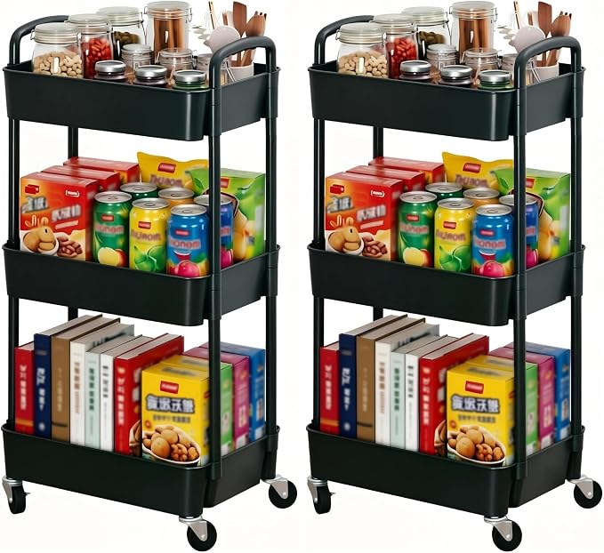 Sywhitta 3-Tier Plastic Rolling Utility Cart with Handle, Multi-Functional Storage Trolley for Office, Living Room, Kitchen, Movable Storage Organizer with Wheels, Black (Pack of 2) by haseverythingyouneed