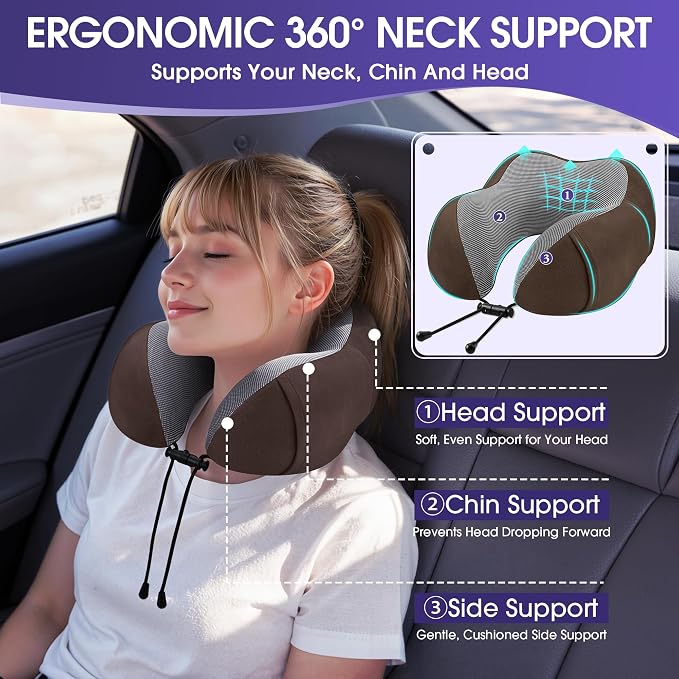CloudBliss Travel Pillow for Airplanes, Memory Foam Neck Pillow Set, Brown | Travel Neck Pillow for Long Flight, Train, Car & Office, Plane Travel Accessories with Eye Mask, Earplugs, Storage Bag - Image 2