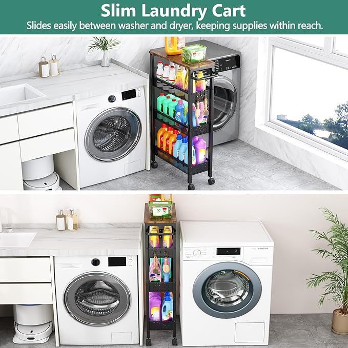 Vivihomety 4-Tier Slim Utility Rolling Laundry Cart with Wheels, Metal | Narrow 7.1" wide, Lockable wheels, wood top panel, metal frame, with handle, for laundry, bathroom, kitchen, black - Image 2