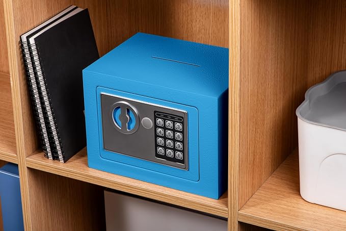 Small Safe Box With Digital Keypad & Keys - 9.05 x 6.7 x 6.7 Inches Wall Safe 0.23 Cuft Mini Security Lock for Money, Cash, Coin, Jewelry - Home Office Hotel Rooms Business (Blue2) - Image 2