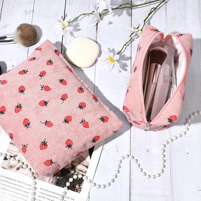 SOIDRAM 2 Pcs Makeup Bag Large Cosmetic Bag Toiletry Bag Makeup Pouch Travel Bag Organizer Cute Makeup Brushes Aesthetic Accessories Storage Bag for Women Pink Strawberry - Image 2