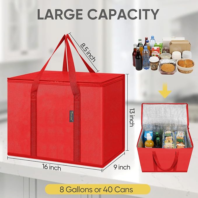 BALEINE 2Pk Insulated Reusable Grocery Bags, Collapsible Cooler Bag for Groceries, Heavy Duty Large Insulated Bag (16''x9''x13'', Bright Red) - Image 4