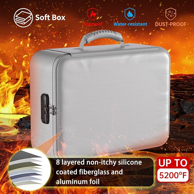 DocSafe 5200°F Fireproof Document Organizer Box with Lock, Silver (Soft) | Heat Insulated 8 Layers File Protection Bag,Water-Resistant Zipper,Portable Home Office Travel Safe Storage for Files,Laptop - Image 2