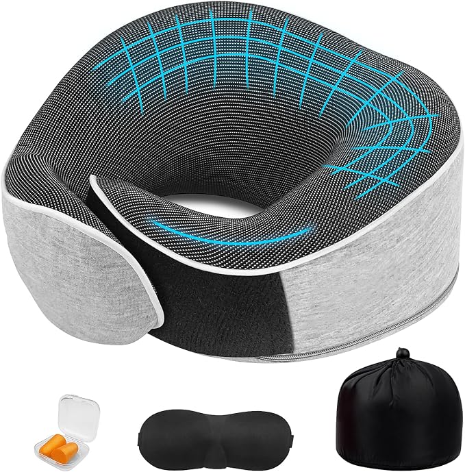 Memory Foam Travel Neck Pillow | Ergonomic 360 Degree Head Support for Airplane, Car and Office Sleeping, with Breathable Cotton Cover and Carry Bag, Gray-2 by Unknown