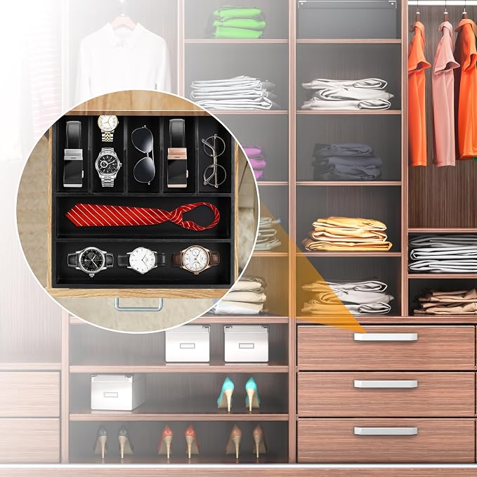 Bellsal Bamboo Silverware Drawer Organizer, Utensil Kitchen Drawer Organizer, Utensil Holder Cutlery Tray with Grooved Drawer Dividers for Kitchen Utensils and Flatware Bedroom Office (7 Slot, Black) - Image 7