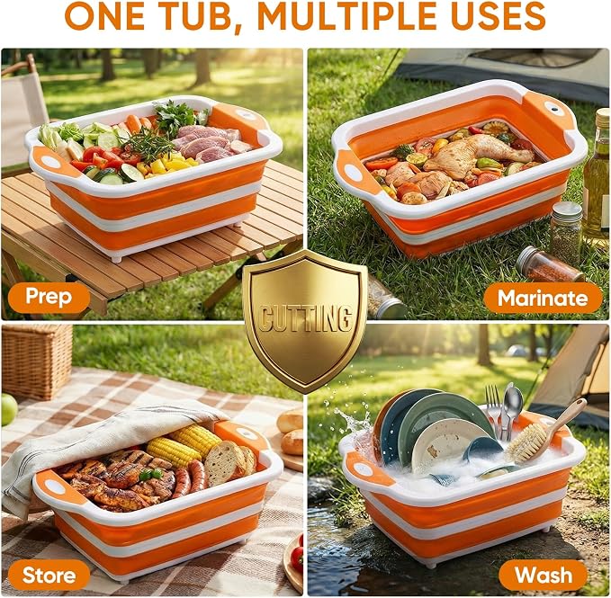 Collapsible BBQ Prep Tub with Lid, Foldable Camping Sink with Colander, Cutting Board, Dish Basin for Kitchen, Bowl, Vegetable and Fruit, Storage Basket for Picnic-Orange - Image 5