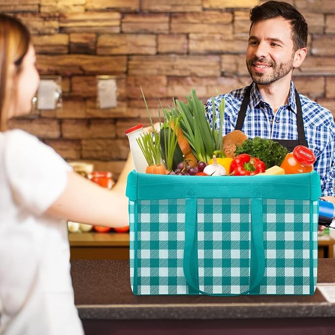 Reusable Grocery Shopping Bags 10 Pack Large Foldable Tote Bags Bulk | Eco Produce Bags with Long Handle for Shopping Groceries Clothes (Plaid A) - Image 3