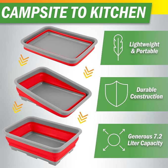 Collapsible Cleaning Caddy - Portable Multi-use Wash Basin, Dish Tub, or Ice Bucket with 7.27L Capacity for Camping and Tailgating by Wakeman (Red) - Image 4