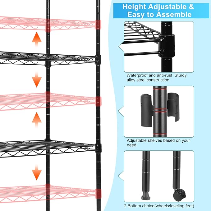 Whitmor 5 Tier Shelving Unit, Adjustable Storage Shelves with Wheels, Wire Shelving, 400 lbs Capacity per Shelf, Max 2000 lbs Total for Laundry, Garage, Plant, 21" L x 12" W x 54" H, Black - Image 4