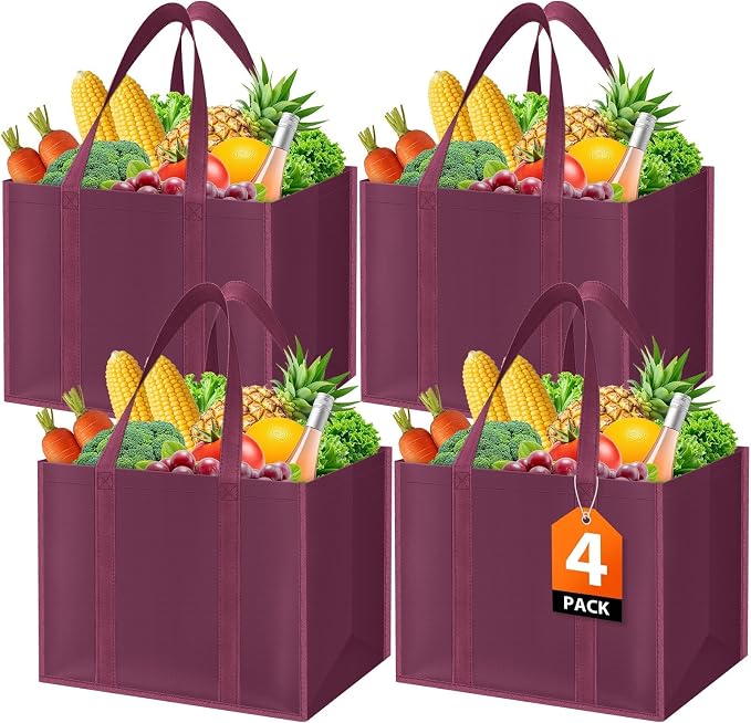 WISELIFE Reusable Grocery Bags, Foldable, Lasting Use, 35L, 4 Pack, Claret | Large Shopping Bags with Reinforced Stitching, Water-Resistant Grocery Totes for Kitchen, Market, Car Trunk, Picnic by WiseLife