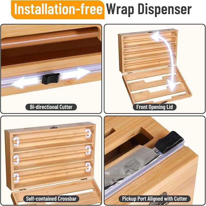 Allinside Magnetic Plastic Wrap Dispenser with Cutter, 3 in 1 Refrigerator Bamboo Wood Organizer for Tin Foil, Baking Paper, Wax Paper Holder Kitchen Storage Box Compatible with 12.9" Roll (3 Layer) - Image 5