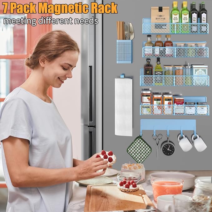 Magnetic Spice Rack for Refrigerator, 7 Pack Metal Magnetic Shelf Blue, Moveable Spice Organizer with Hook Rack, Paper Towel Holder, Kitchenware Holder, Strong Magnetic Storage Fridge Organizer - Image 6