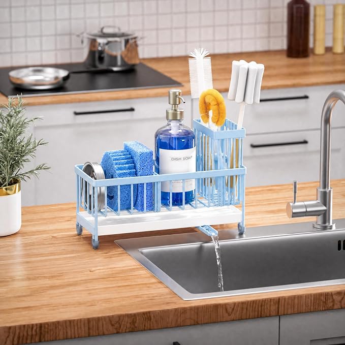 Cisily Sponge Holder for Kitchen Sink, Sink Caddy Organizer with High Brush Holder, Kitchen Countertop Organizers and Storage Essentials, Rustproof 304 Stainless Steel (Blue, 9.25″) - Image 5