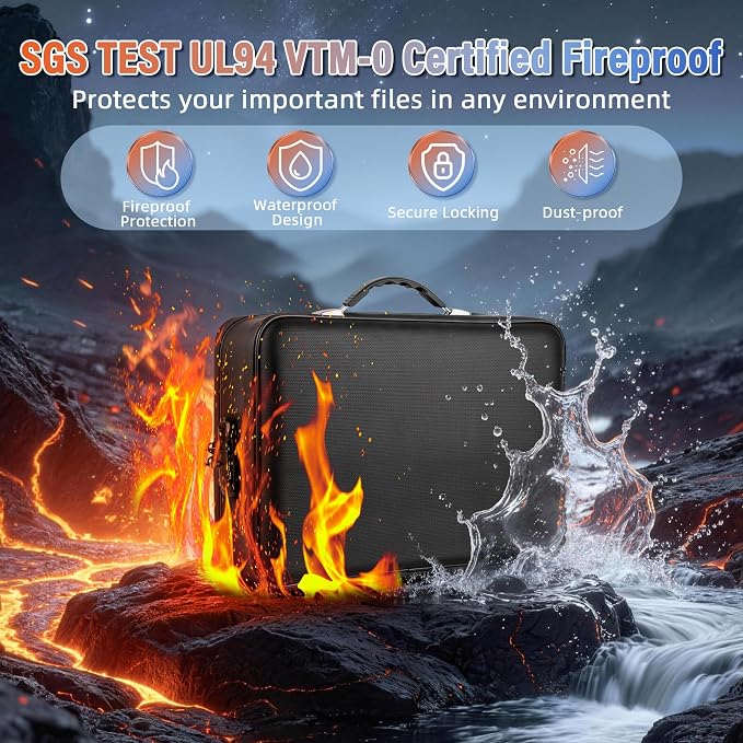Fireproof Document Box with Lockable Zipper, Waterproof Hard-Shell Case, 13 Pockets Accordion File Folder, Multi-Layer Portable Travel, Home & Office Safe Storage Box for Important Papers, Cash (L) - Image 2