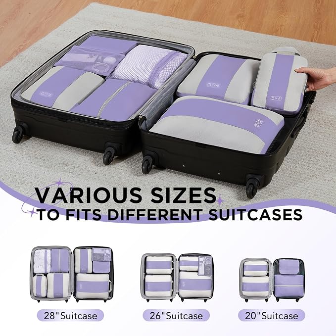 OlarHike 8 Set Compression Packing Cubes for Travel Essentials,Compressible Expandable Space Saver Bags for Organizing Clothes,Luggage Suitcase Garment Bags with Over 1000 pcs Mesh Holes(Purple Gray) - Image 8