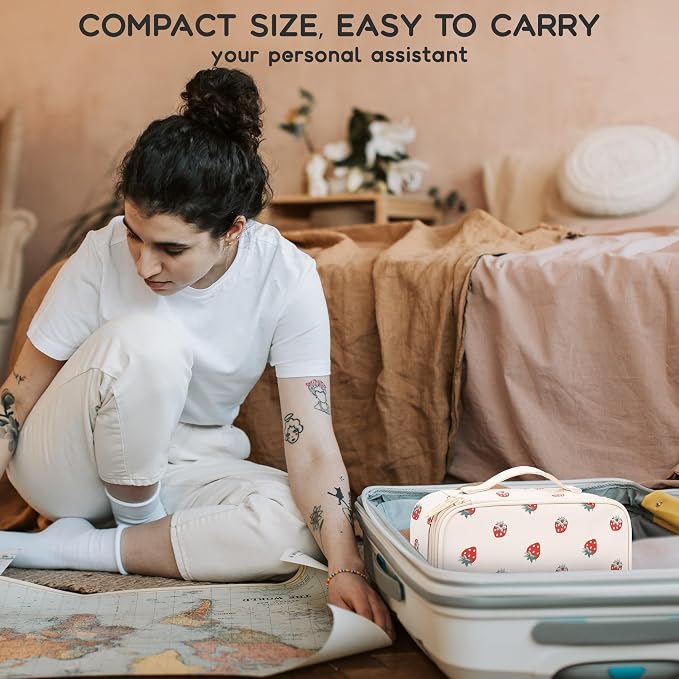Relavel Small Makeup Bag, 2 Layers Make Up Bag for Women Girls | Travel Cosmetic Bag with Handle, Makeup Organizer Storage with 3 Brush Holders, White Straberry - Image 7