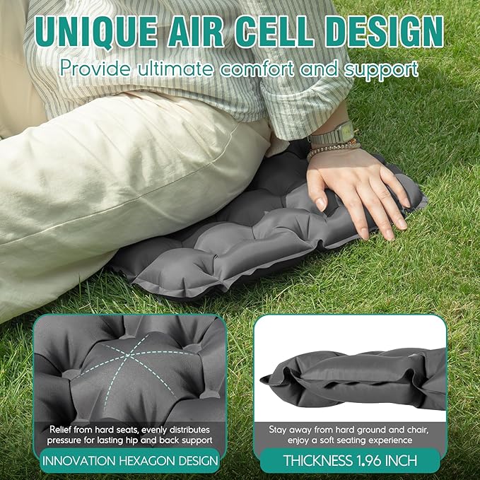 Inflatable Seat Cushion Portable Lightweight Stadium Seat Pad | Travel Air Seat Cushion for Long Flights Camping Hiking Bleacher Airplane Stadium Office (Grey) - Image 6