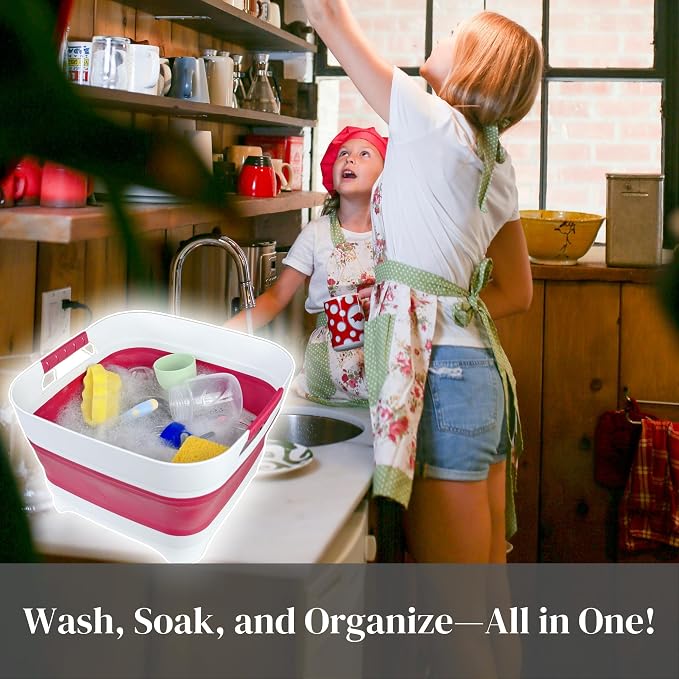 2.6 Gal(10L) Collapsible Camping Sink, Magenta Space-Saving Collapsible Dish Basin with Drain Plug for bottle washing, Collapsible Bucket for RV Essentials and Foot Soaking - Image 7